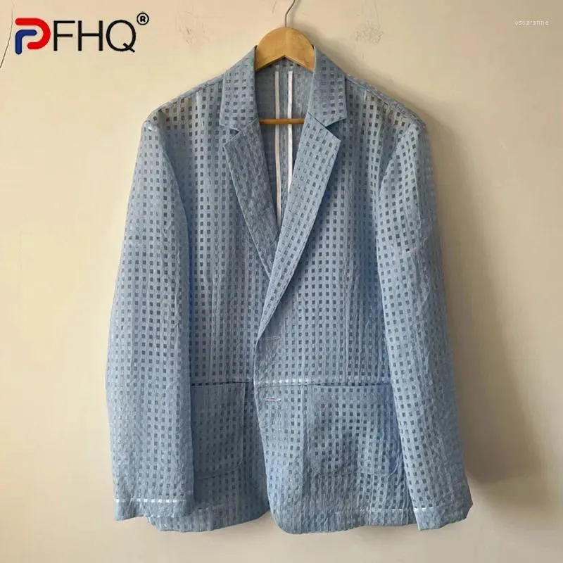 Costumes pour hommes Pfhq Perspective à carreaux Blazers Summer Organza Suncreen Polombes à poitrines simples Vestes personnalisées 21Z4401