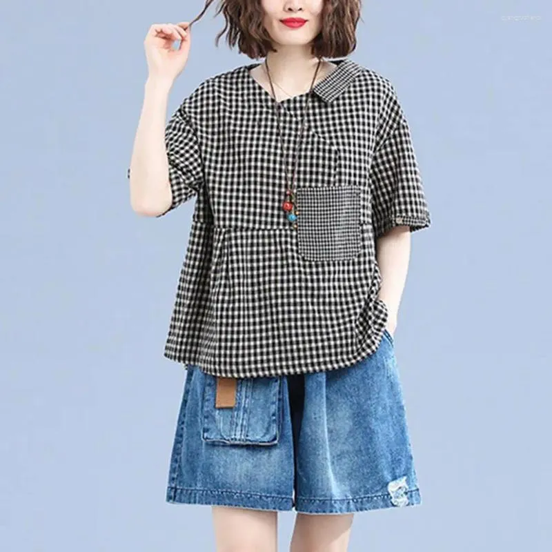 Kvinnors blusar Casual Short Sleeve Shirt Women T-shirt Stylish Plaid Print V-Neck Tee With Pocket Loose Fit For Streetwear
