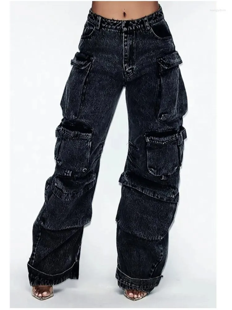 Damesjeans Retro Solid Color Multi Pocket Cargo Pants Women Hip Hop Street Wide Leg Baggy Casual Fashion Y2K 2024