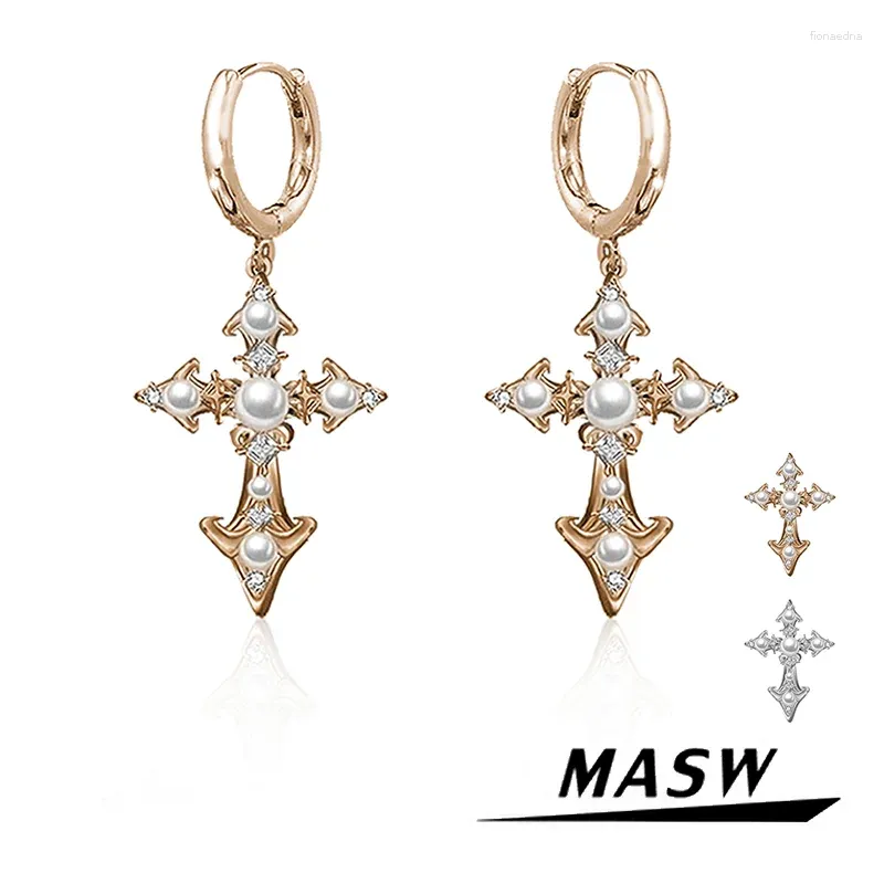 Dingle örhängen masw original designstil glänsande glas simulerat pärla korshalsband för kvinnor moderna smycken