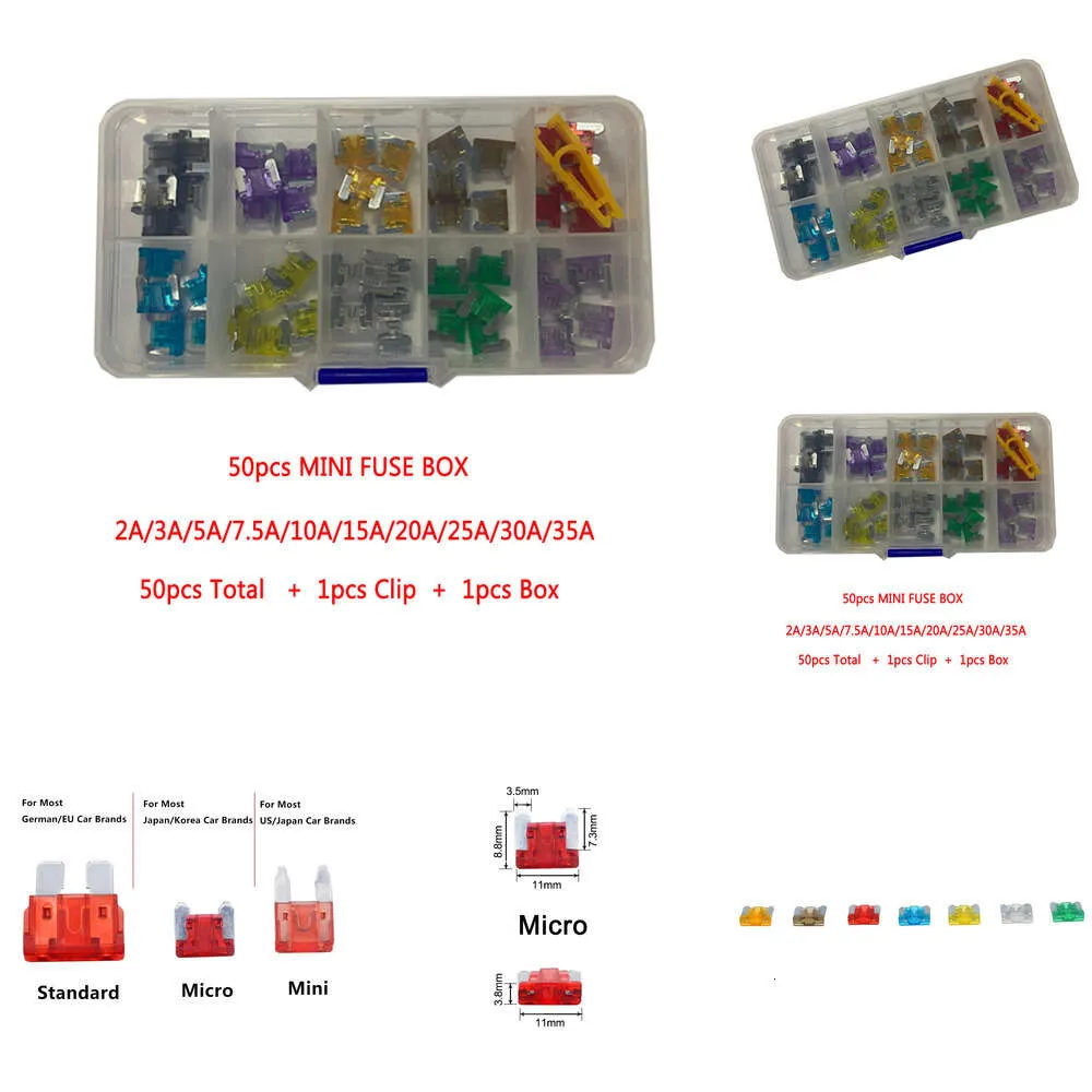 Nieuwe 50 stcs/doos mini -auto fuses 2a 3a 5a 7.5a 10a 15a 20a 25a 30a 35a met doos clip assortiment auto micro mes type zekering set truck