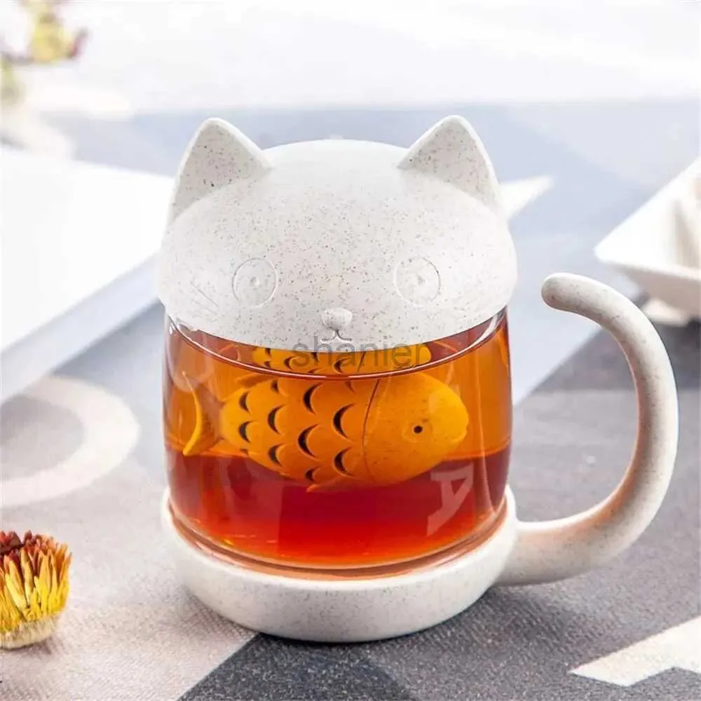 Mugs 1pc 250ml Creative Glass Mug Cute Cat Glass Cup Tea Mug With Fish Infuser Strainer Filter Home Offices Kitchen Drinkware Teaware 240417