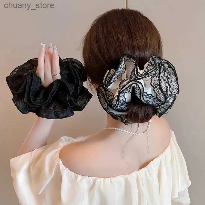 Hair Rubber Bands Vintage Oversized Lace Mesh Hair Scrunchies Women Elastic Chiffon Ponytail Holder Hair Rope Hair Bands Headwear Hair Accessories Y240417