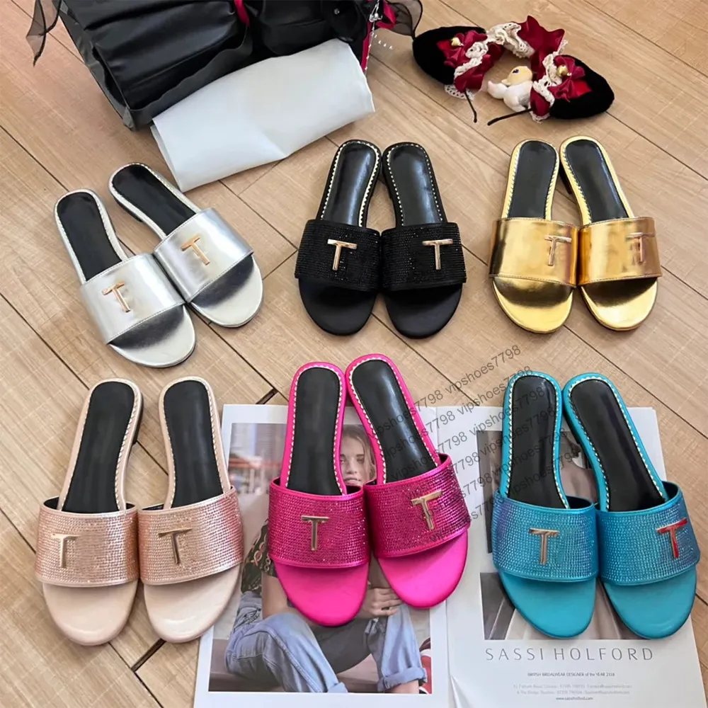 luxury Designer Slippers flat Metallic gold Leather Slides Sandals Turquoise Satin Black Fuchsia womens sandal summer fashion outdoors slide slipper