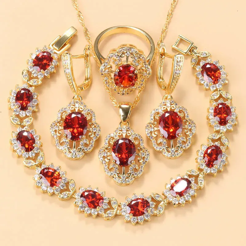 Наборы свадебных ювелирных украшений наборы Dubai Gold Colors аксессуары AAA Red Garnet Bridal для женского браслета и кольца 230321