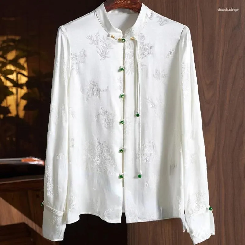 Dames blouses poplin zomer blouse casual mode geavanceerd temperament Chinese stijl tops printen met lange mouwen shirt