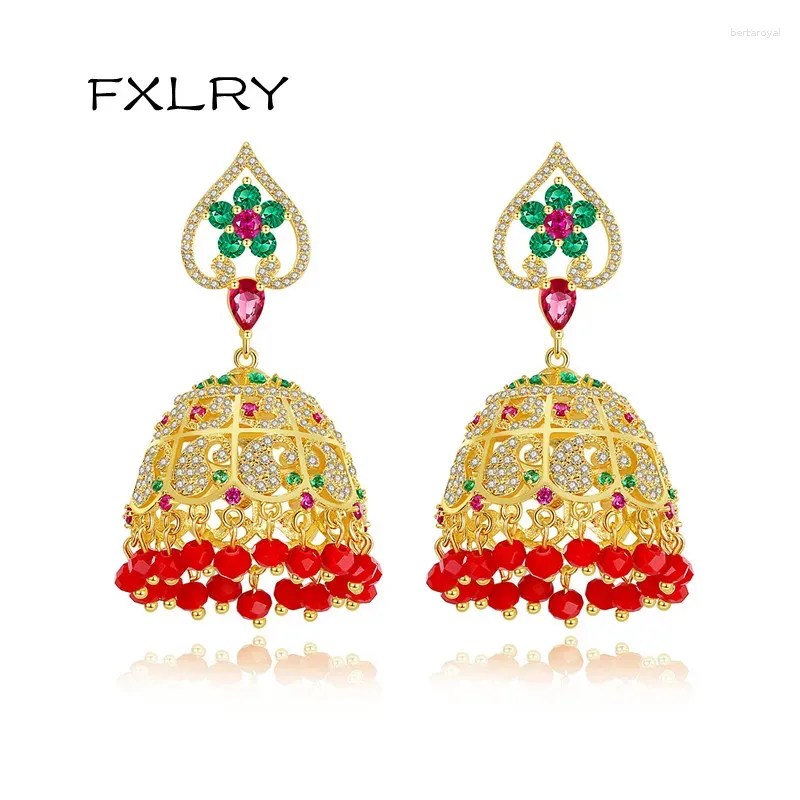 Dangle Earrings FXLRY Gorgeous Gold Color Cubic Zircon Big Drop For Women Wedding Party CZ Red Beads Fashion Jewelry