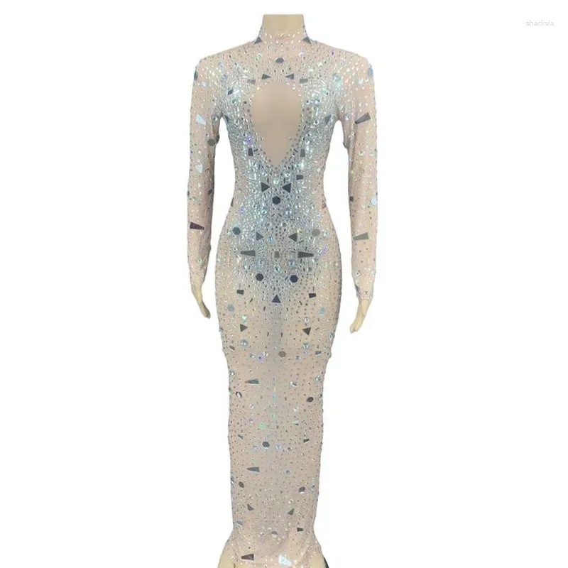 Stage Wear Nightclub Sexy Sparkly Silver Rhinestone Mirror Transparent Long Dress Night Birthday Celebre flemume Women Dance