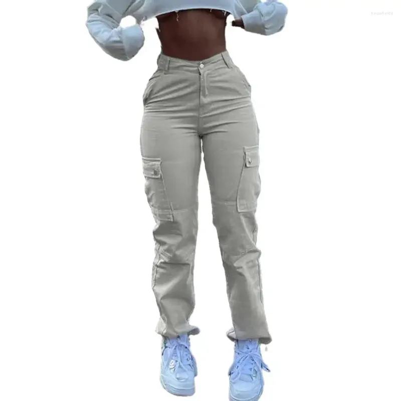 Women's Pants Women Cargo Multi Pockets High Waist Butt-lifted Button Zipper Closure Streetwear Long Trousers Ropa De Mujer