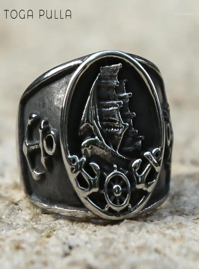 Anelli a grappolo retrò Nordic Viking Pirate Sailboat Punk Ring Gothic Ring Men Women inossidabile Anchor Biker Biker Rock Jewelry12091191