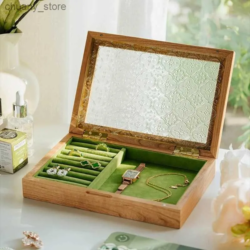 Accessories Packaging Organizers Wooden jewelry box glass dustproof flip cover jewelry necklace storage box direct shipping Y240417