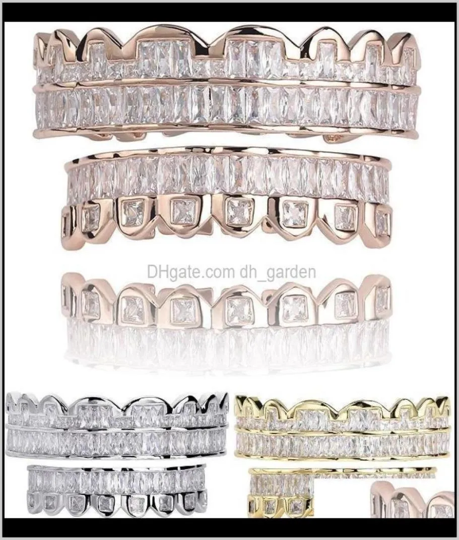 Grillz Body Drop Delivery 2021 Baguette Set Teeth Grillz 상단 하단 로즈 골드 세이어 컬러 그릴 치과 용 힙합 패션 Rappe6060499