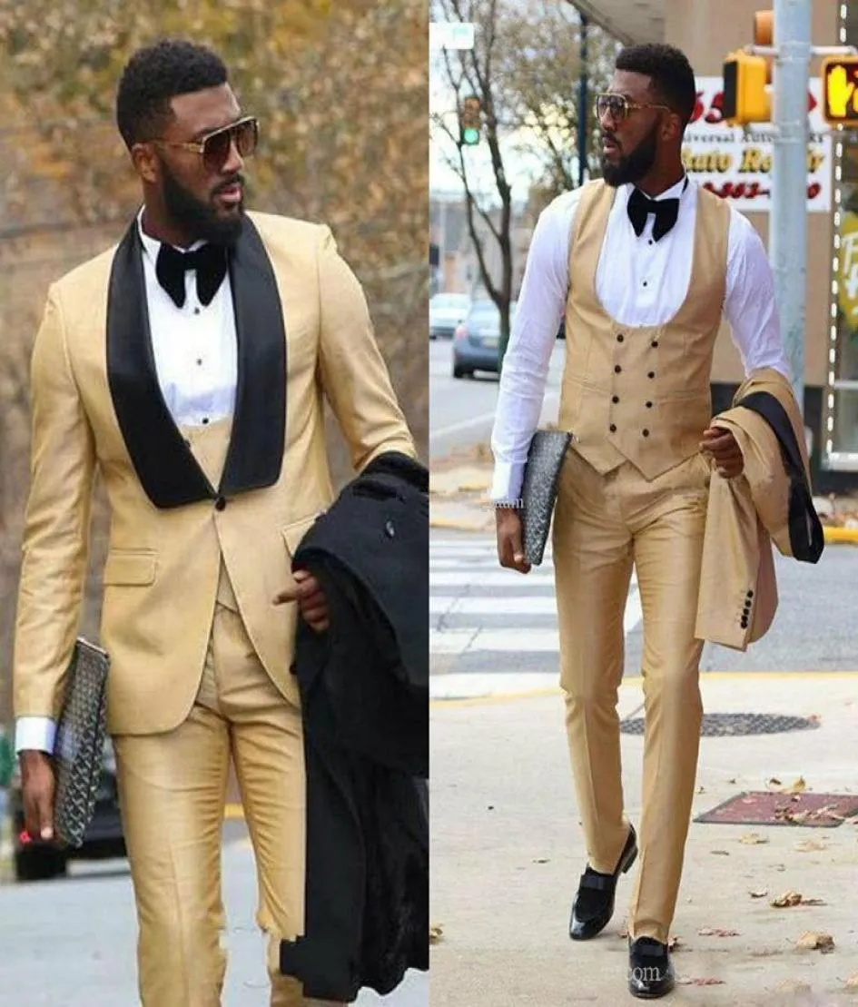 Chic Gold Three Pieces Mens Prom Suits Groomsmen Wedding Tuxedos for Men Blazers Shawl Lapel OneボタンフォーマルスーツジャケットPA8692461