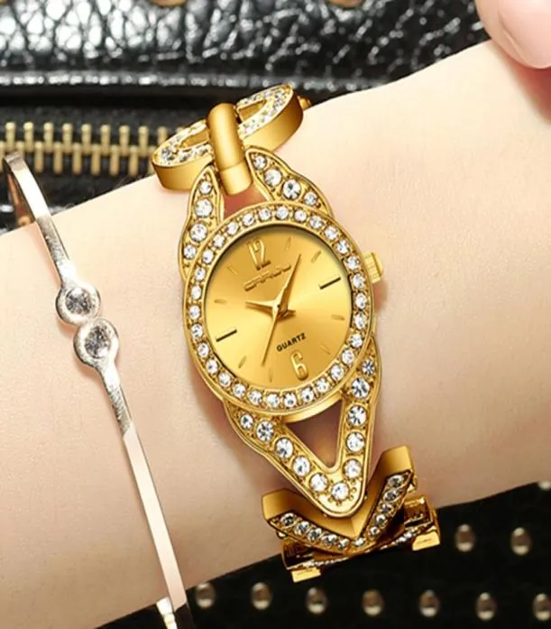 Kobiety Złote Luksusowe Asymetryczne Świecące Bracelety z okrągłym tarczą Crrju Ladies Diamond Band Clock Sport Prezent
