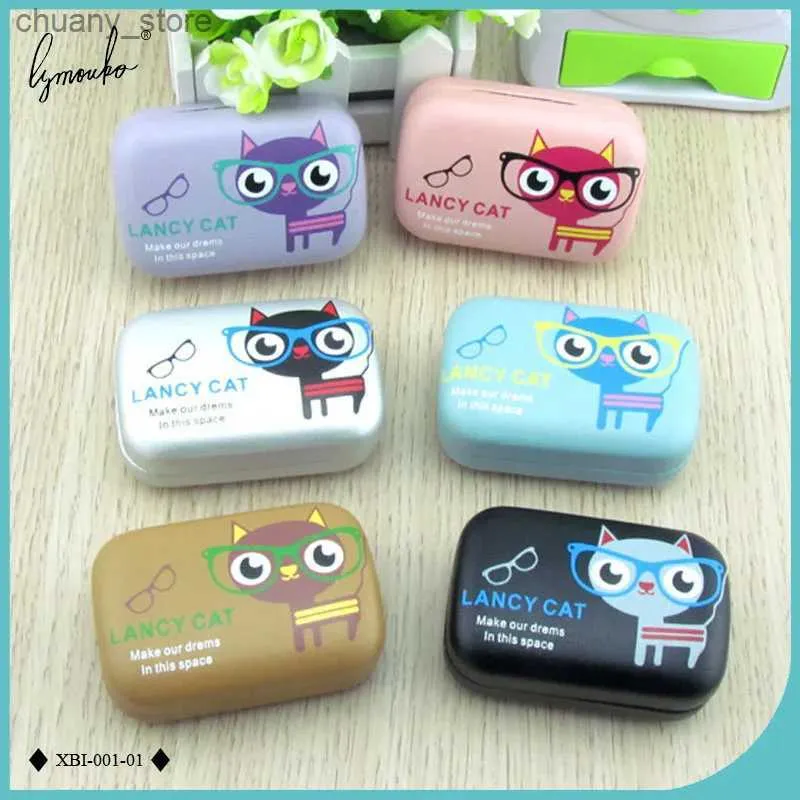 Case di occhiali da sole Lymouko Nuovo Cartoon Design Cartoon adorabile Cat Metal Contact Lens Case con specchio per le lenti a contatto in pelle per donne PU BOX Y240416