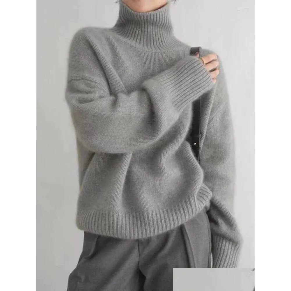 여성 스웨터 패션 한국 캐시미어 스웨터 순수 울 하이 가블 플로버 2024 가을 겨울 캐주얼 한 느슨한 두꺼운 니트 탑 드롭 델리 오네 크