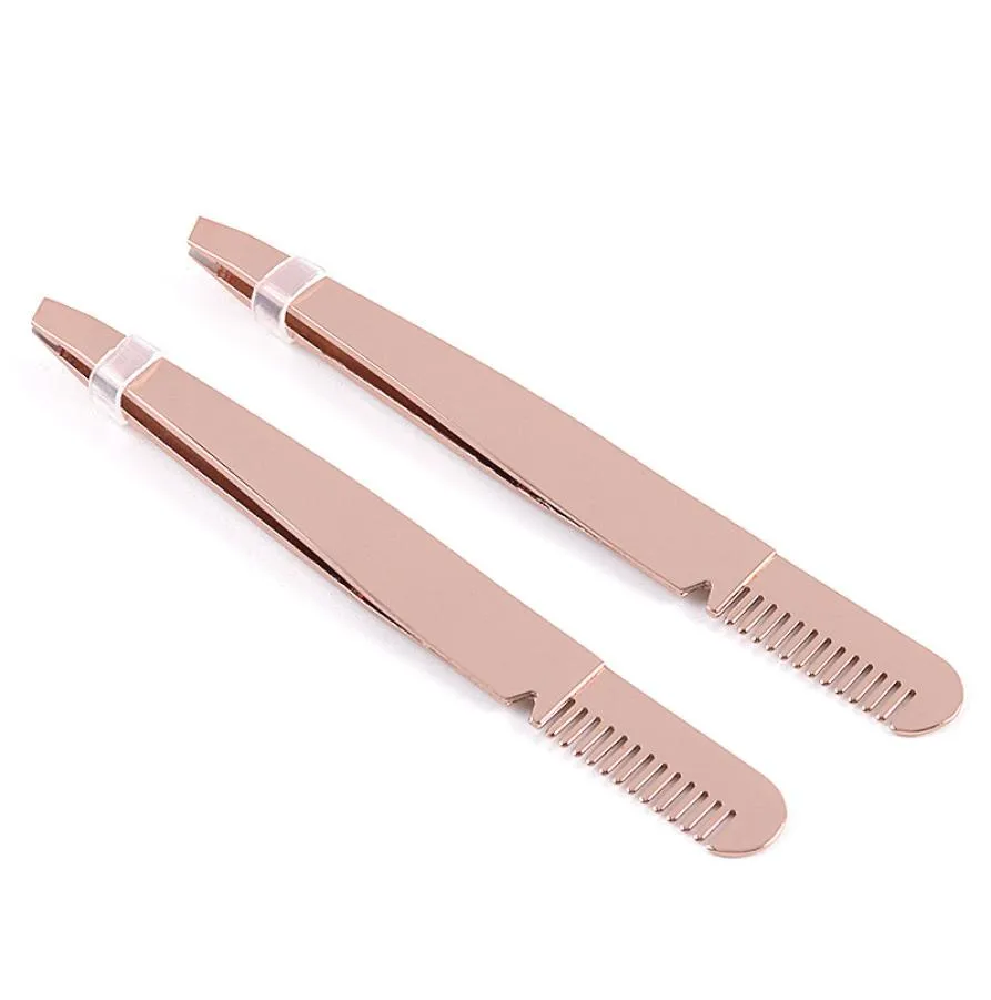 High quality Steel Slanted Tip Eyebrow Tweezers with brow comb Rose gold Face Hair Removal Clip Brow Trimmer Makeup Tool Accept lo9902221