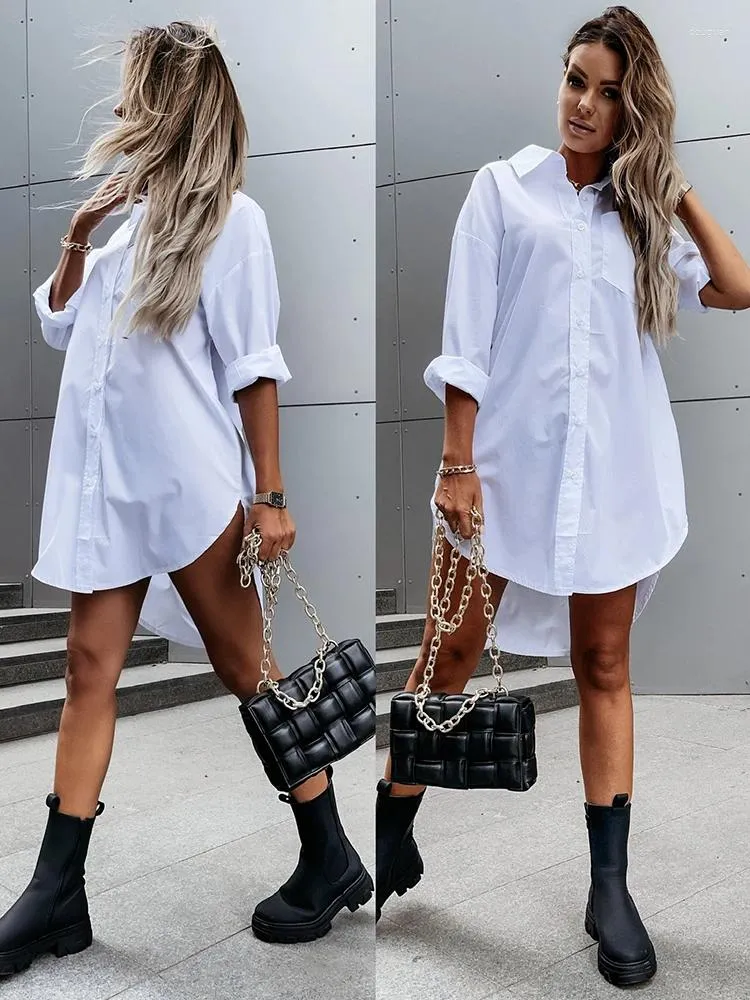 Casual Dresses Elegant V-Neck Women's White Summer 2024 Simple Loose Fit Solid Long Sleeve Button Shirt Dress S-XXL