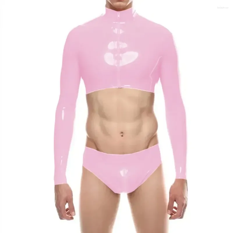Men's Tracksuits Women Mens Wetlook PVC Leather Tops And Shorts Set Sexy Long Sleeve Zipper Crop Top With Low Rise Panties Club Outfits