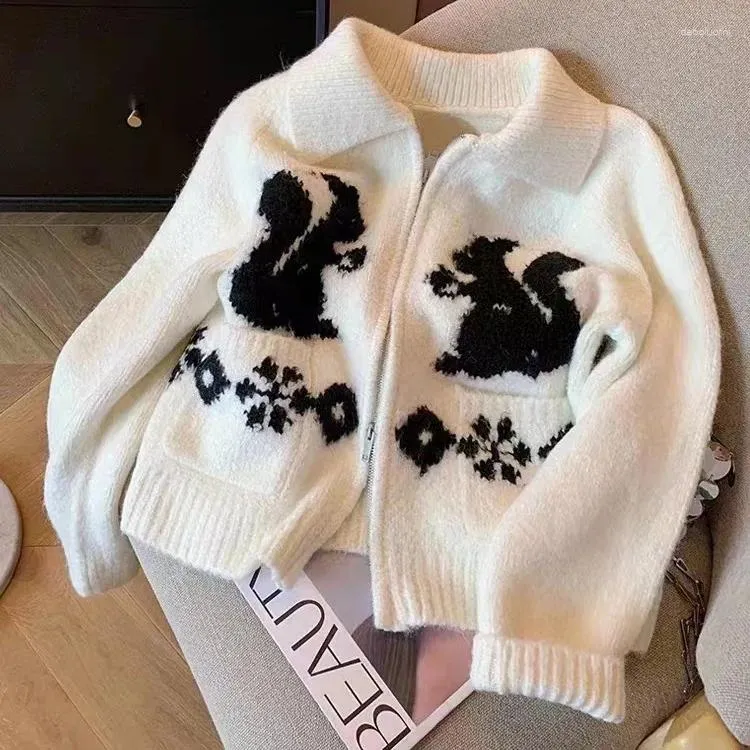 Femme Tricots Femmes Vintage Y2k Animal Imprimé tricote de manches longues Cardigans 2024 Spring décontracté célibataire coréen refoulent le collier