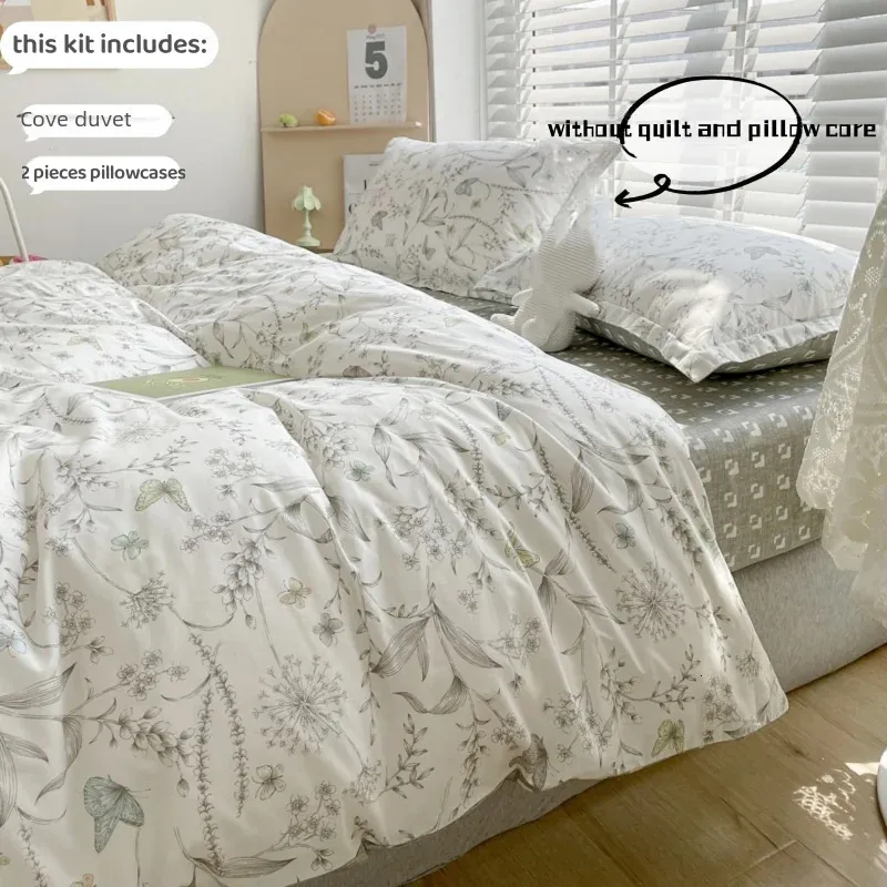 3pcs 100% algodão Tampa de edredão Conjunto 1Duvet 2PillowCase sem núcleo de cama de estampa de flor fresca suave 240417