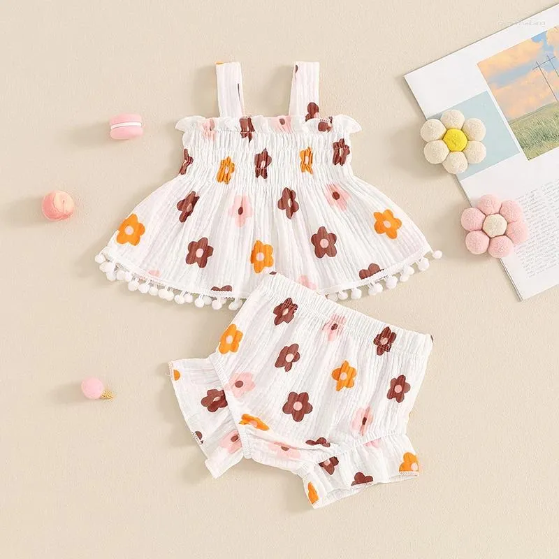 Kläder set baby flicka 2 stycke sommaruppsättning ärmlös shirred rufsa blommor toppar frill trim shorts spädbarn småbarn kläder