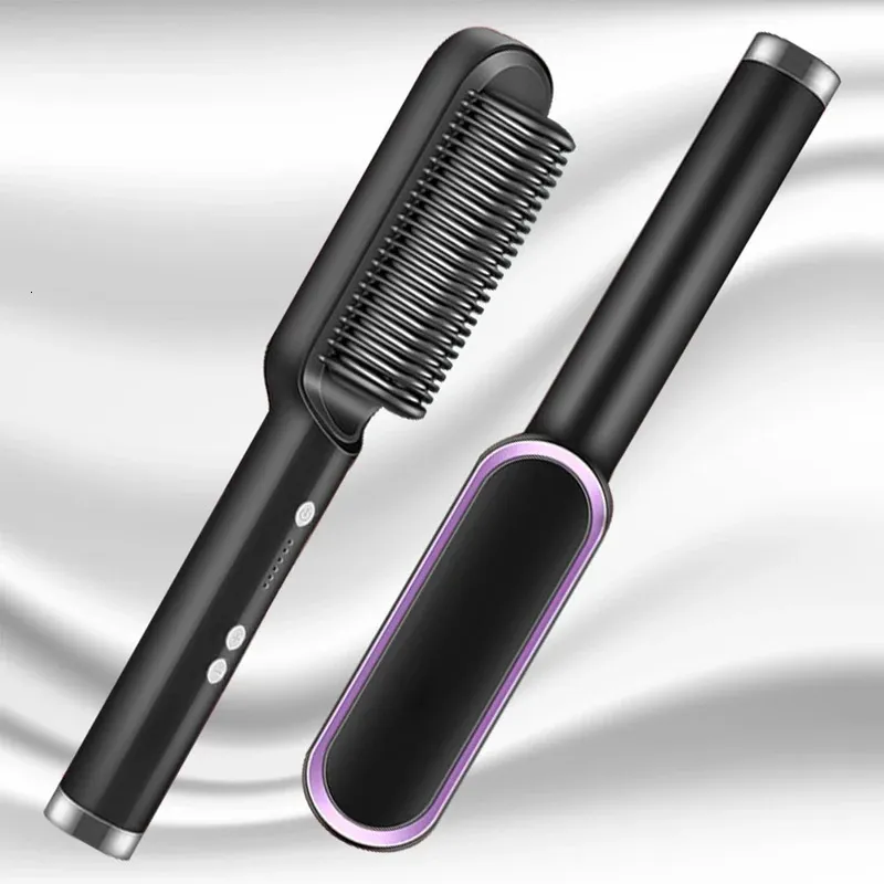 ヘアストレートナーブラシネガティブイオンスタイリングコーム2 in 1電動ストレートイングコンコーム加熱ヘアブラシ240411