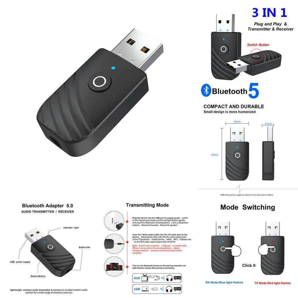 New 3 IN 1 Wireless Bluetooth Transmitter Receiver 3.5mm AUX USB Dongle Audio Adapter for Car Hands Free Call Music Speaker