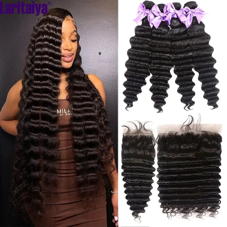 Bounchles brésiliens de cheveux en ondes profondes en brésilien avec frontal 100% remy humain 23 fermeture 13x4 dentelle 240401