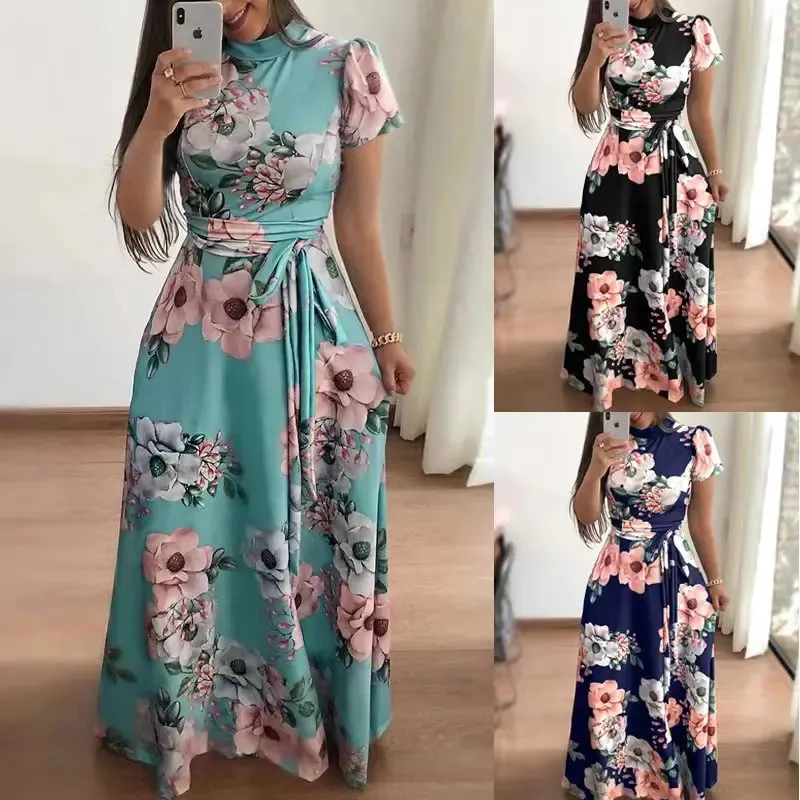 نساء الصيف الطويل الفستان سوبر فستان غير رسمي الأكمام قصيرة الزهرة فساتين طباعة عالية من طوق ضمادة Vestidos S5XL 240401