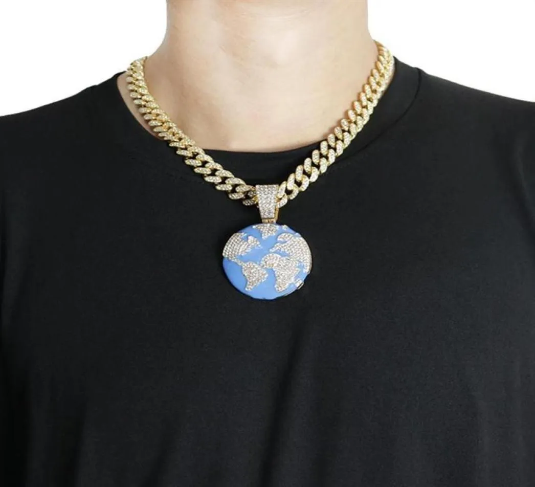 Colares pendentes gelados de zircão cúbico azul -terra para homens moda hip hop cristal grande miami cuba cadeia jóias