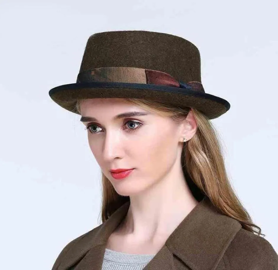 100 donne di lana pura di lana di maiale Fedora Cappello Elegante Lady Cashmere Flat Homburg Padrino Top Caps con Birim avaro Bowknot Fashion HA5969819