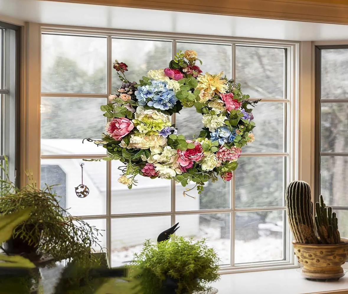 15 Inch Artificial Garlands Front Door Wreaths Artificial Rainbow Hydrangea Hanging Wreath For Home Indoor Outdoor Window Wall Q085675102