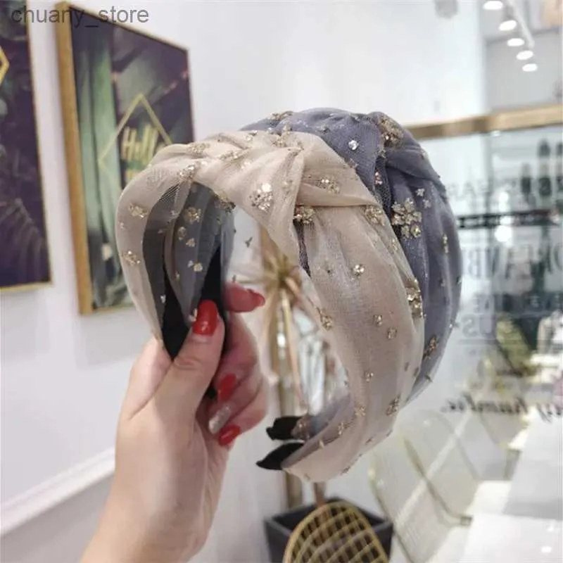 Headbands High-end hair accessories women bronzing sequins flower mesh yarn knotted wide-brimmed hairband headband girl hair band headwear Y240417