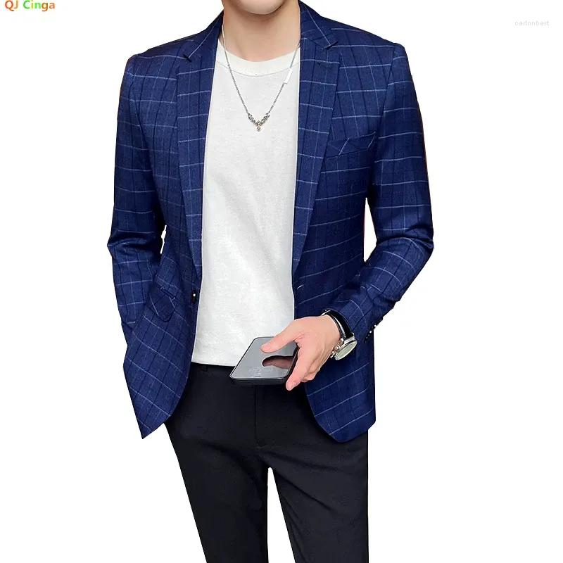 Men's Suits Blue Striped Plaid Blazer Jacket Wedding Party Dress Coat Black Fashion Slim Yellow Blazers Single Button V-Neck Top M-5XL