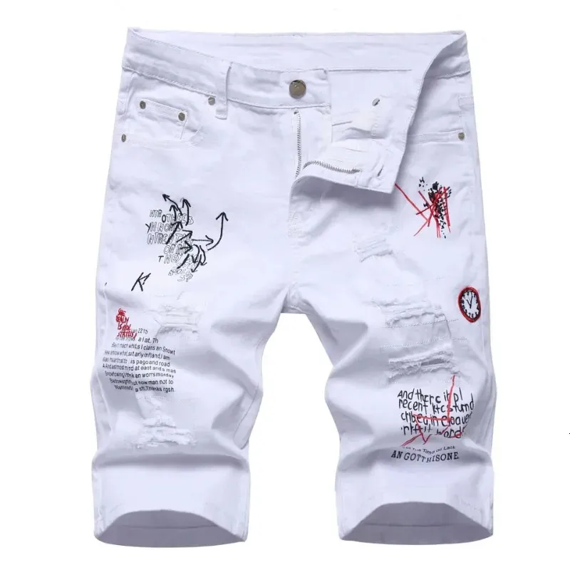 Hombres Summer White Racted Dephed Pantalones de mezclilla Male, jeans cortos de moda, estiramiento de jeans shorts pantalones srtaight fit jeans 240410