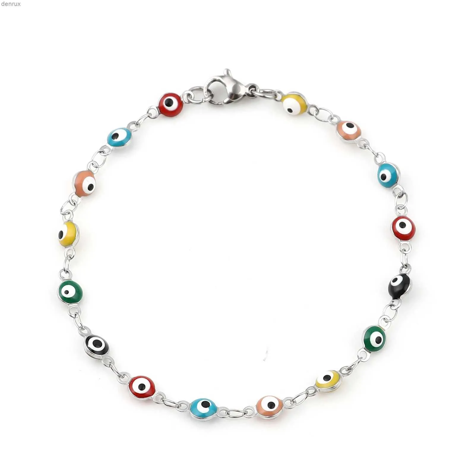 Bangle 304 Stainless Steel Religious Evil Eye Bracelet Enamel Beads Link Chain Bracelet For Women Men Turkish Jewelry Bangle 19.5cm1PCL240417