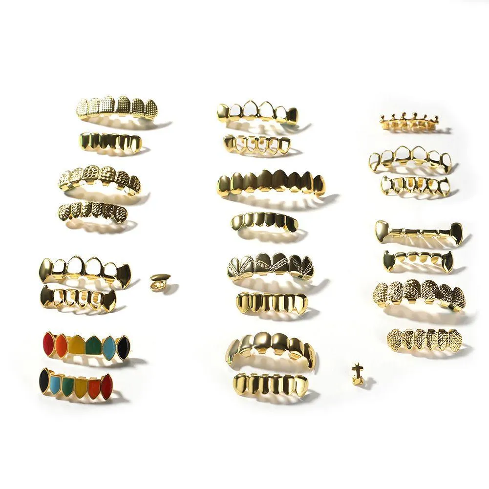 Grillz, Dental Grills Mens Gold Grillz Teeth Set Fashion Hip Hop Jewelry High Quality Eight 8 Top Tooth Six 6 Bottom Drop Delivery Bo DHPJX