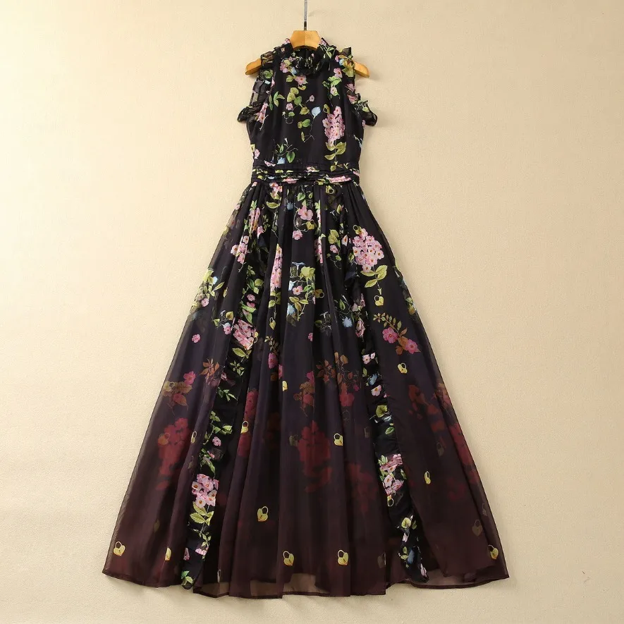 Summer Black Floral Print Ruffle Chiffon Dress Sleeveless Stand Collar Panelled Long Maxi Casual Dresses S4J290125 Plus Size XXL