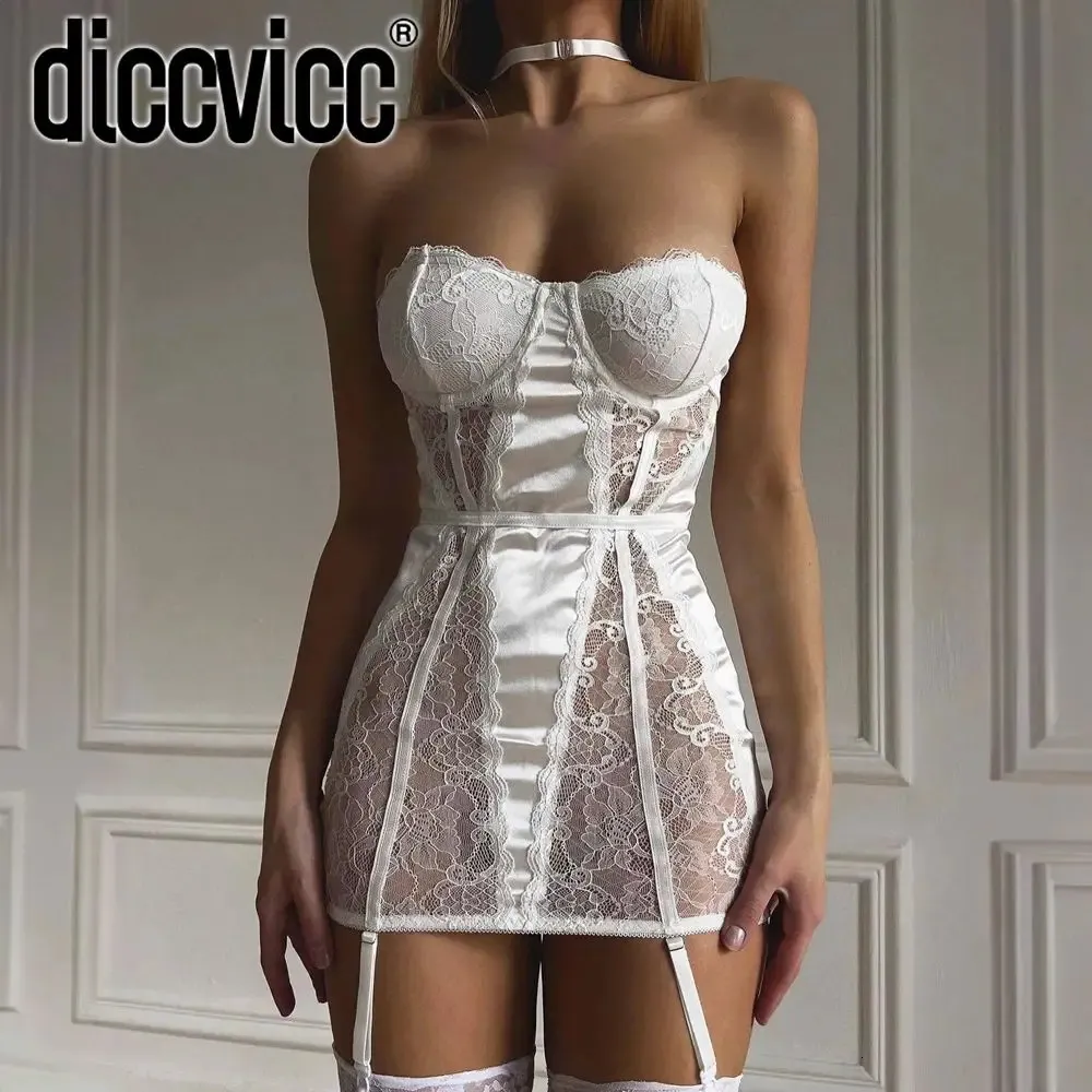 Diccvicc Sexy Lingerie for Women See Through Satin Mini Dress Luxury Indoor Pajama Erotic Underwear Secret Clothes 240408