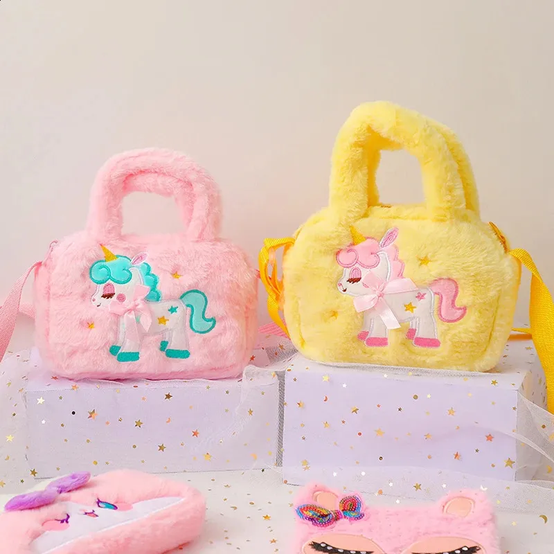 Kid Embroidery Unicorn Plush Crossbody Purses And Handbags Little Girls Rainbow Fluffy Purse Cute Cartoon Furry Shoulder Bag 241116