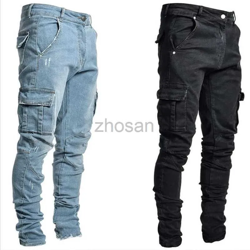 Pantalon d'homme à jeans masculin Coton Coton Denim Pantalons Multi Pocket Cargo Men Fashion Mens Pockets côté Jeans D240417