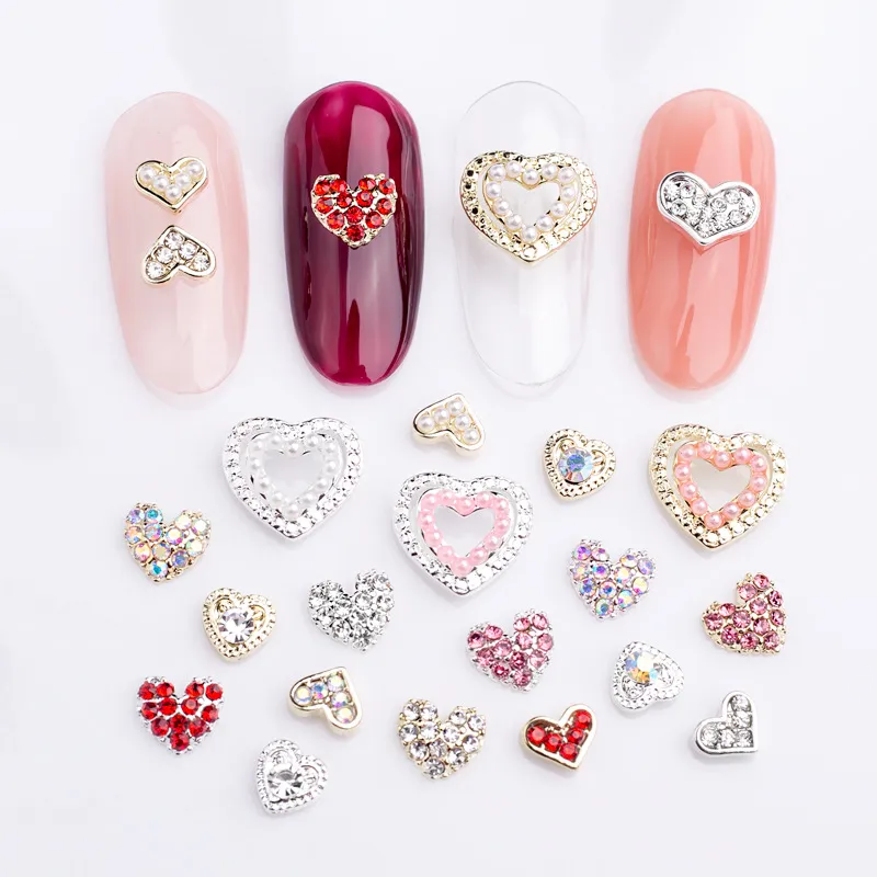 10pcs 3d coeur nail art charmes avec strass de cristal, coeur accessoires de perles de clous pour la Saint-Valentin, bijoux en alliage à clous pour salon de manucure de bricolage