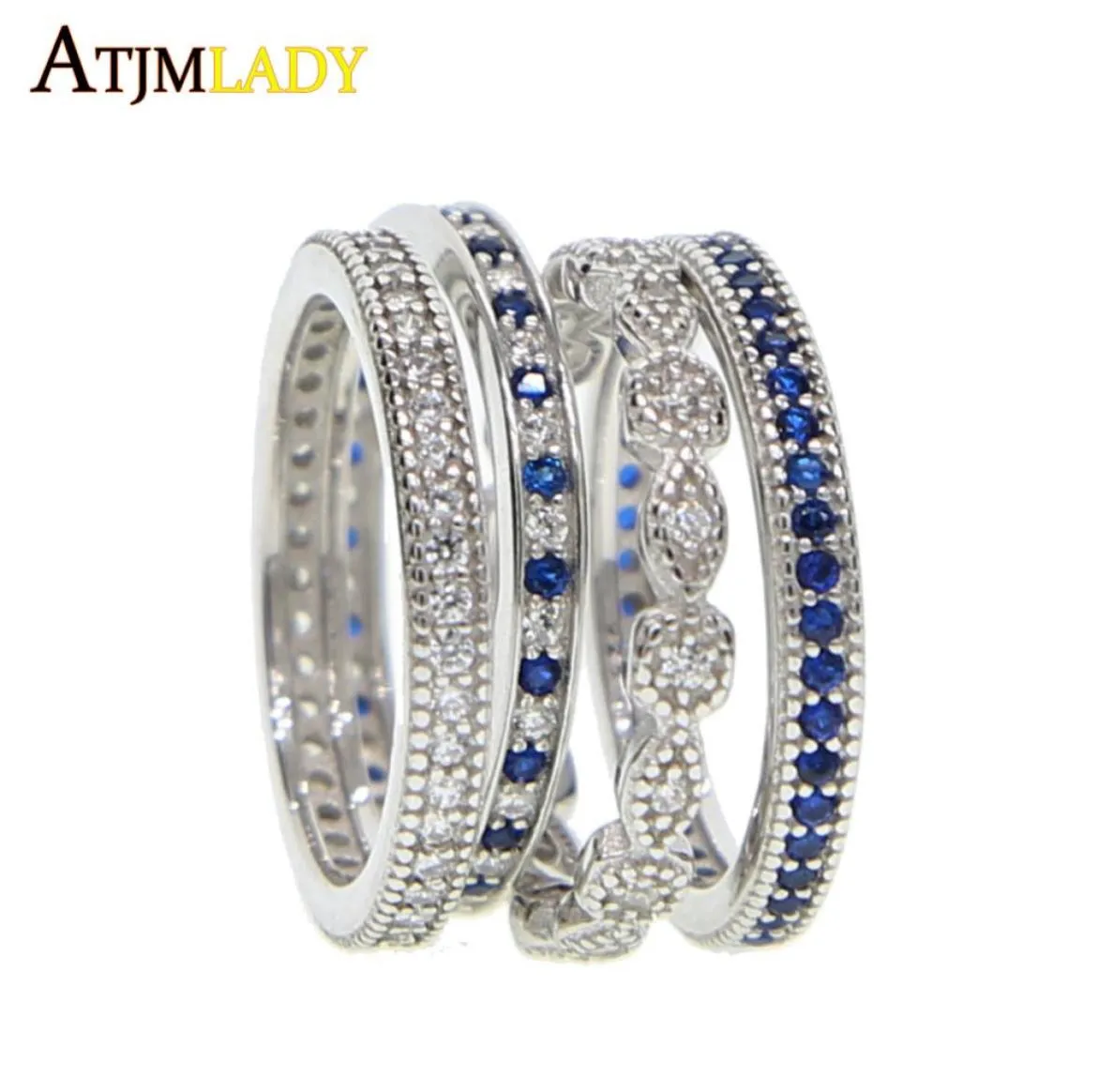 Bande de fiançailles en zircone bleue en zircone blue supérieure 4 pcs empilables Femmes empilables doigt 925 Eternity CZ Ring9366719 de Sterling Silver Eternity Ring9366719