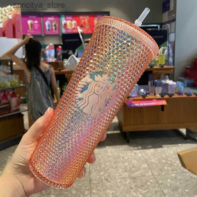 Vattenflaska 24oz Personliga Starbucks -muggar med logotyp Iridescent Bling Rainbow Unicorn Studded Cold Cup Tumbler Coffee Mug med halm Reusabl202R L48