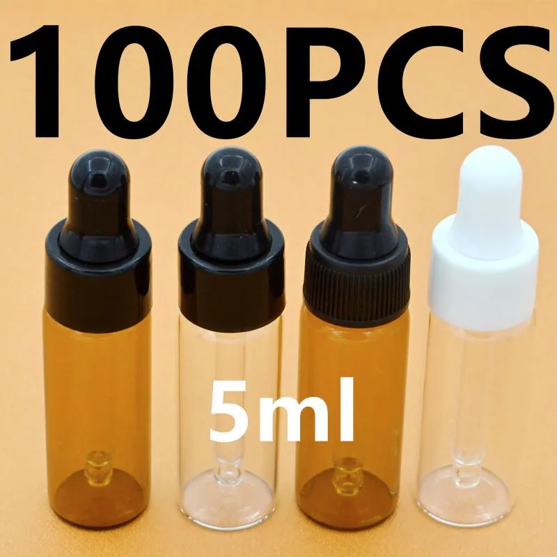 Storage Bottles 100Pcs 5ml Amber/Clear Glass Dropper Mini Essential Oils Vials Bottle For Sample Cosmetic Perfume Travel