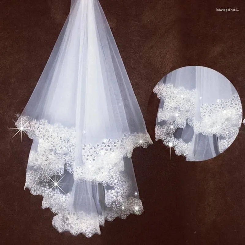 Welona ślubne 1,5 m 1 warstwy kobiety białe długi ślub tiulowy welon glitter cekinów hafty