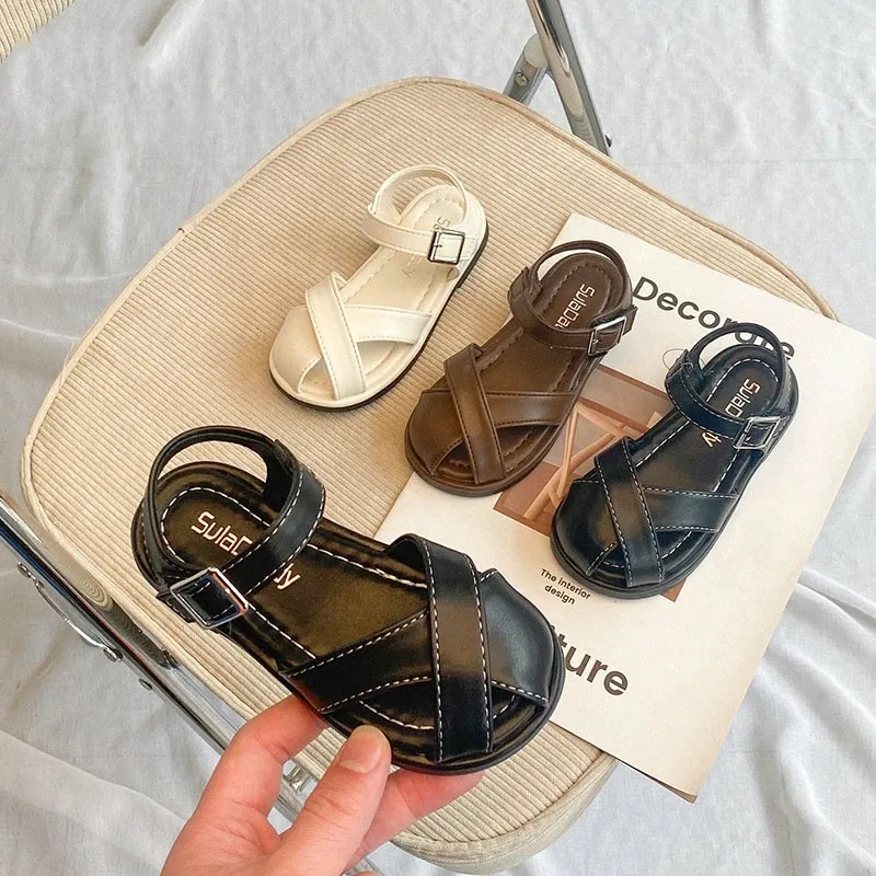 Flickor halvt sandaler barn skor sommarstrand baby småbarn ungdom mjuk sulad ihålig platt sko storlek 23-34 e eur s1pe#