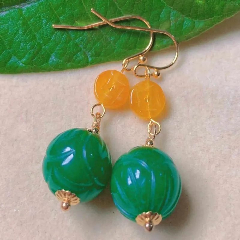 Kolczyki Dangle Fashion Green Hetian Jade Yellow Chalcedony Gold Clip-OnSise Srebrny Party Minimalistyczny ręcznie robiony platynowy ślub