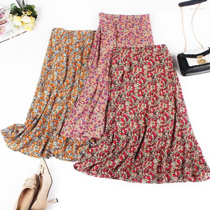 Skirts Pastoral Hipster Long Tulle Pleated High Waist Sexy Vintage Korean Skirt Women's Summer Printed A- Line Dress Womens